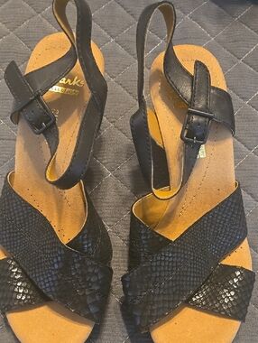 Clarks Black Snake-Textured Slingback Sandals